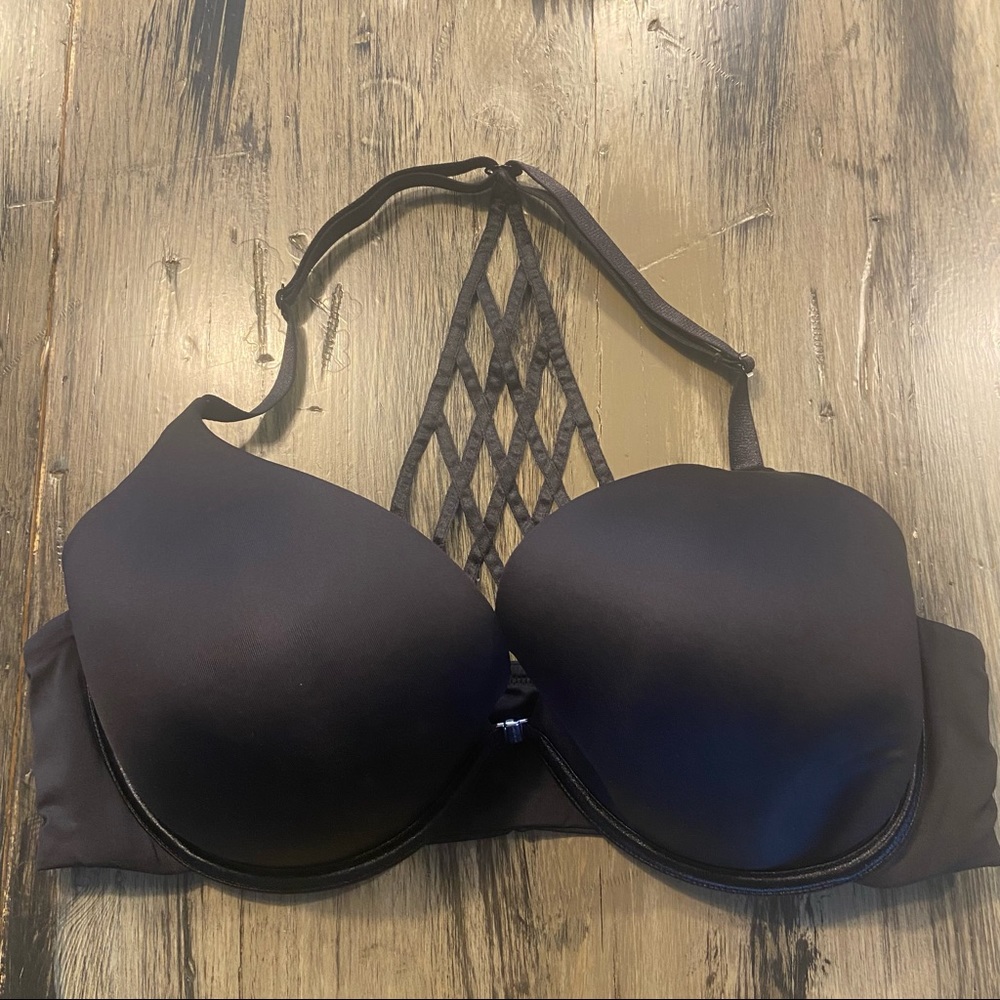 Cacique Front Close Cage Back Bra 44C Underwire Satin Padded Cup Black Plunge